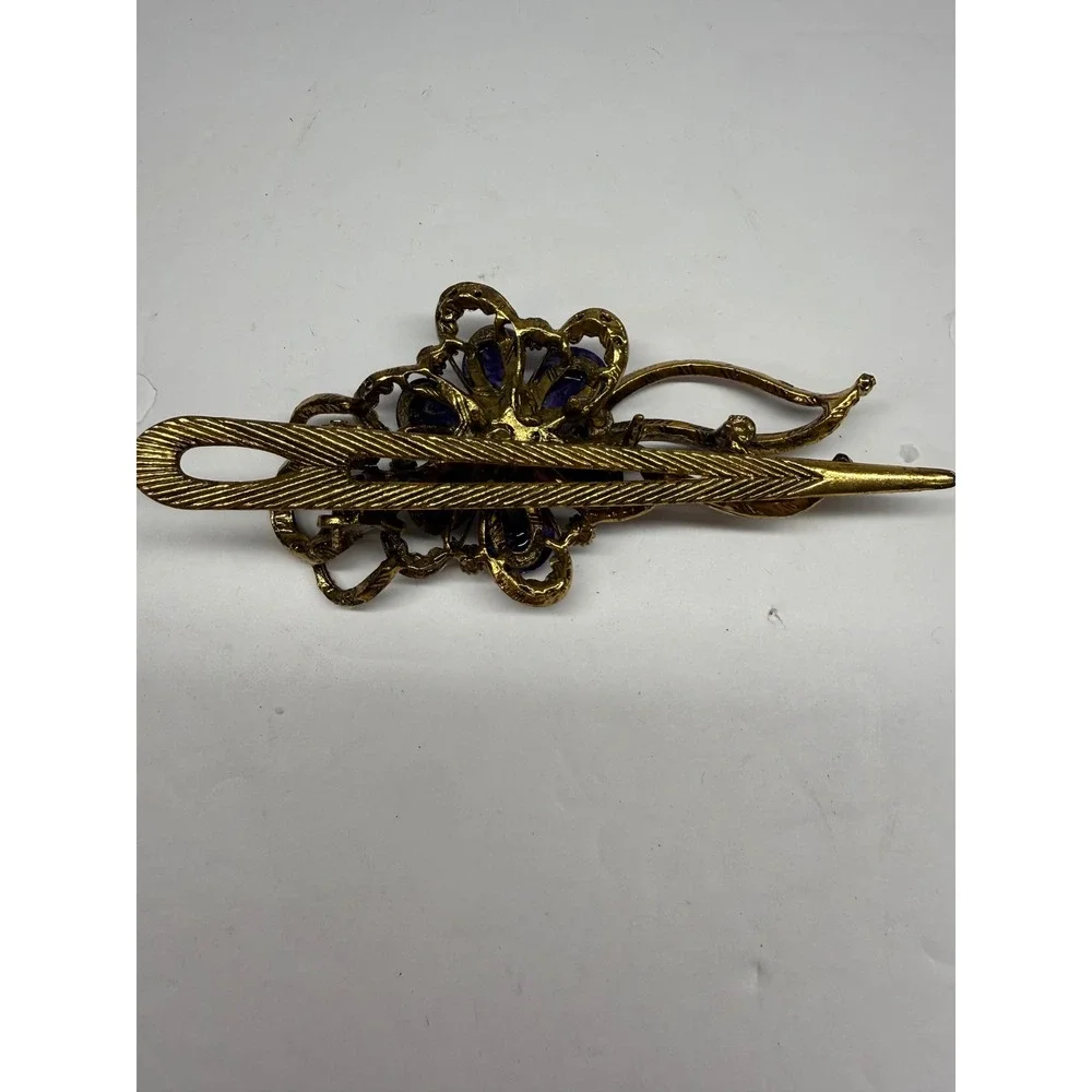 Vintage Style Purple Floral Hair Clip Gold Tone Rhinestone Crystal Barrette